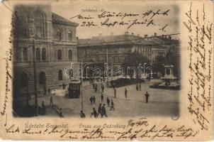 1902 Sopron, Széchenyi tér, villamos. Kummert L. kiadása (kopott sarkak / worn corners)