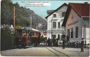 1917 Trencsénteplic, Trencianske Teplice; Villamos vasút főállomása. Kiadja Wertheim Zsigmond / Hauptstation der elektrischen Bahn / tram station, tramways, railway station (EK)