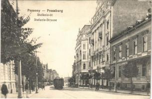 1912 Pozsony, Pressburg, Bratislava; Stefánia út, villamos / street view, tram (EK)