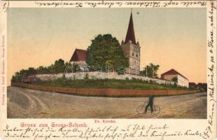 1905 Nagysink, Gross-Schenk, Cincul Mare, Cincu; Evangélikus templom, kerékpár. Josef Hammer kiadása / Lutheran church, bicycle