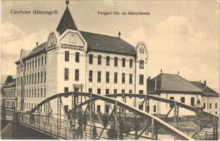 1913 Hátszeg, Hateg; Polgári fiú- és leányiskola, híd. Adler L. Oszkár fényképész / school, bridge (fa)