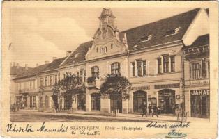 1915 Szászrégen, Reghin; Fő tér, Városháza, Hermine Fritsch, Jakab, Bischitz üzlete és saját kiadása / main square, town hall, shops (EK)