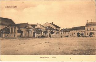 1914 Szászrégen, Reghin; Hauptplatz / Fő tér, Takarékpénztár, üzletek. Traugott Blasi kiadása / main square, savings bank, shops + "K.u.K. Armeetelegraphenschule 1. Komp" (EK)