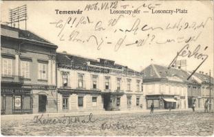 1906 Temesvár, Timisoara; Losonczy tér, Skoday Benő, Rosenthal László és Weisz Lipót üzlete, Pannónia szálloda, Temesvármegyei Gazdasági Egyesület Mezőgazdasági Szövetkezeti Központja / square, shops, hotel, agricultural cooperative center (EK)