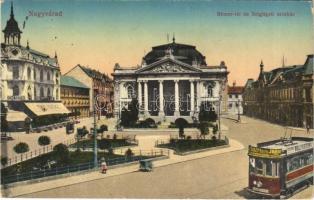 1917 Nagyvárad, Oradea; Bémer tér és Szigligeti színház, Emke kávéház, villamos üzlet reklámokkal. Vasúti Levelezőlapárusítás 55. sz. - 1916. / square, theatre, café, tram with shop advertisements (EK)