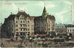 1910 Nagyvárad, Oradea; Fekete Sas szálloda, villamos, Glucksman üzlete, gyógyszertár, piac. Helyfi László kiadása / hotel, tram, shops, pharmacy, market (EK)