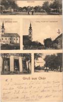 1914 Ókér, Altker, Zmajevo; Marktplatz, Serbische Kirche, Evang. Kirche mit Hauptstraße, Bahnhof / Piactér, Szerb templom, Evangélikus templom, Fő utca, vasútállomás, gőzmozdony, vonat, Jakob Schuardt üzlete és saját kiadása / marketplace, Serbian church, Lutheran church, main street, railway station, locomotive, train, publisher's shop (EK)