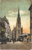 1915 Újvidék, Novi Sad; Római katolikus templom, villamos, kerékpár / Catholic church, tram, bicycle (fl)