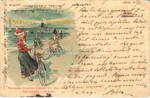 1901 Excelsior Pneumatic. Hannov. Gummi-Kamm Co. Act-Ges. Hannover-Limmer / German bicycle and tire shop advertisement art postcard with ladies on bicycles. Edler & Krische litho (EB)