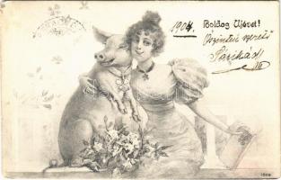 1903 Boldog Újévet! / New Year greeting art postcard, lady with pig (EK)