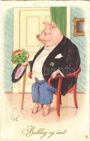1935 Boldog Újévet! / New Year greeting art postcard, pig gentleman with bouquet of clovers and mushrooms. Amag 1879. (kis szakadás / small tear)