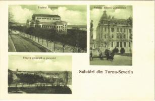 Turnu Severin, Szörényvár, Szörénytornya; Teatrul National, Palatul Bancei Comerciale, Vedere generala a parcului / theatre, bank, park