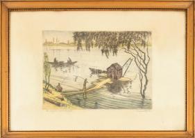 Conrad Gyula (1877-1959): Budafoki halászbárkák. Színezett rézkarc, papír, jelzett, üvegezett fa keretben. 27,5×36 cm