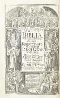 Szent Biblia, mellyet az egész keresztyénségben be-vött régi deák bötűből magyarra fordította a Jésus-alatt vitézkedő társaság-béli nagy-szombati Káldi György pap. Nagyszombat, 1732., Academiai bötűkkel Berger Leopold, 1t. (rézmetszetű díszcímlap)+1 sztl. lev.+636+562 p.+15 sztl. lev. Fametszetű záródíszekkel. Második kiadás. Korabeli aranyozott, bordázott gerincű egészbőr-kötésben, festett lapélekkel, kopott, sérült borítóval és kopott, sérült gerinccel, egy lap sérült (I. r. 7/8 p., néhány lapon aláhúzás (I. r. 568., 569., II. r. 2, 252) és bejelölések (II. r. 8.,9.) két lap restaurált (487/488, 495/496), pár lapon kis lapszéli foltokkal (II. r. 289-332.), a második részben kissé foltos lapokkal (469-520), majd az azt követően foltos lapokkal (520-562 p.+15 sztl. lev.), valamint néhány kissé foxing foltos lappal, egy lapon kis lapszéli sérülésekkel(353/354.)