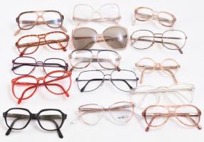 Főként retró szemüvegkeretek (gyerek, felnőtt), fém, műanyag, kis kopásnyomokkal, vegyes méretben, 15 db