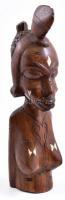 Afrikai női akt keményfa faragott fa szobor, csont berakásokkal. m: 30 cm