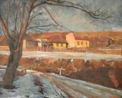 Döbröczöni Kálmán (1899-1966): Téli utca. Olaj, falemez, jelzett. Dekoratív fa keretben, 50x60 cm