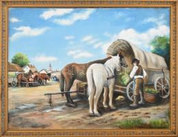 Jelzés nélkül: Vásár. Olaj, vászon. Dekoratív fa keretben, 60x78 cm