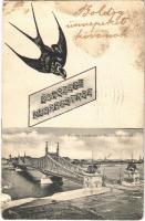 1906 Budapest, Ferenc József híd. Üdvözlet fecskével (szakadások / tears)