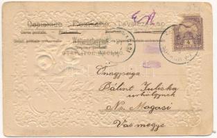 Dombornyomott litho selyem üdvözlőlap / Embossed, litho Art Nouveau greeting silk card (EB)