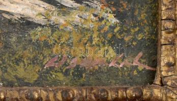 Olvashatatlan jelzéssel: Hegyvidéki táj. Olaj, vászon. Dekoratív, bal alsó sarkában kissé sérült ker...