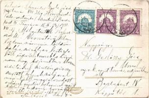 1931 Hévíz-gyógyfürdő, fürdőbejárat, montázs gólyával és kisgyerekkel