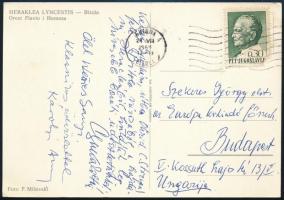 1969 Csuka Zoltán (1901-1984)költő, műfordító, Weöres Sándor (1913-1989)költő, műfordító, és felesége Károlyi Amy (1909-2003)által küldött képeslap Szekeres György (1914-1973)újságíró, műfordító, az Európa Kiadó főszerkesztője részére, Csuka Zoltán saját kezű soraival, és aláírásával, valamint Weöres Sanyi és Károlyi Amy aláírásaival.