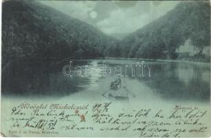 1899 (Vorläufer) Miskolc, Hámori tó este, csónakázók. Verö J. és Társa kiadása (EK)