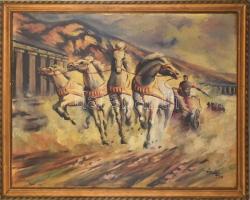 Tőzsér 960 jelzéssel: Vágta. Olaj, vászon, dekoratív fa keretben. 70x90 cm