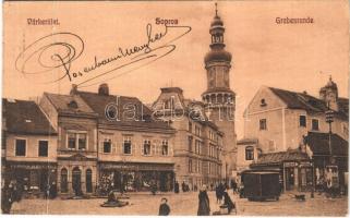 1913 Sopron, Várkerület, Fischer Emil, Raab Salamon, Hertl üzlete, piac. B.D. és T. 722. (fa)