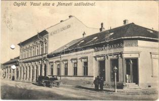 1914 Cegléd, Vasút utca, Récsei Gusztáv Nemzeti szállodája, Rónay János üzlete, lovaskocsi (lyukasztott / punched holes)