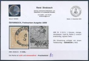 1kr HP Ib orange, with nice margins "SZEGE(DIN)" Certificate: Strakosch 1kr HP Ib narancs,...