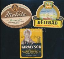 3 db sörös címke (Kőbányai Polgári Serfőző Rt. Király sör; Pannonia Sörgyár Délibáb, Nagykanizsai Maláta barna sör)
