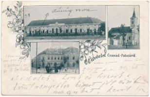 1905 Csanádpalota, Községháza, étterem, templom, utca. Art Nouveau, floral (ázott / wet damage)