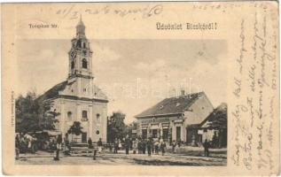 1903 Bicske, Templom tér, piac, Huszár László üzlete és saját kiadása (EK)