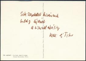 cca 1960-1970 Csernus Tibor (1927-2007) Kossuth-díjas festő, grafikus és felesége saját kézzel írt újévi üdvözlő sorai, egy Monet festményt ábrázoló képeslapon, Szekeres György (1914-1973) újságíró, műfordító, az Európa Kiadó főszerkesztője részére, saját kezű aláírásaikkal