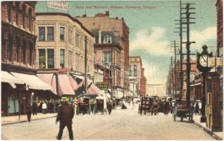 Portland (Oregon), Third and Morrison Streets, horse-drawn carriages, tram, United Smoke Store, Lion Clothing Co. (EK)