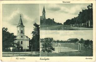 1940 Kunágota, Református templom, utca, automobil, sporttelep, focipálya. Hangya Szövetkezet kiadása (fa)