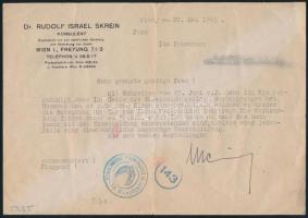 1943 Ausztria, Bécs, Dr. Rudolf Israel Skrein zsidó jogtanácsos megkülönböztető felirattal ellátott fejléces levele (csak jogi tanácsadásra és zsidók képviseletére engedélyezett)