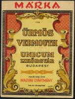 1932 Márka Ürmös Vermuth Unicum likőrgyár nagy méretű italcímke 11x15 cm