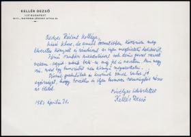 1982 Kellér Dezső kézzel írott levele Bálint Marcellnek, melyben megköszöni dedikált könyvét eredeti borítékban