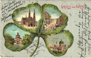 1902 Wien, Vienna, Bécs; Votivkirche, Graben, Rotunde, Karlskirche / churches, street. B.K.WI. 2. Art Nouveau montage with clover, litho (EK)