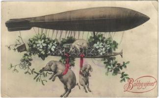 Boldog újévet! Léghajó malacokkal / New Year greeting, airship with pigs (EK)