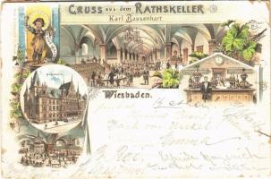 1896 (Vorläufer) Wiesbaden, Gruss aus dem Rathskeller Karl Bausenhart, Rathhaus, In Vino Veritas / town hall, restaurant interior. Rud. Bechtold & Co. Art Nouveau, floral, litho (tear)
