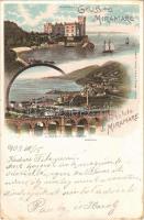 1903 Trieste, Gruss aus Miramare, S. Bartolo Barcola / castle, railway bridge, locomotive. Louis Glaser Art Nouveau, litho (Rb)