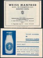 cca 1930 3 db reklám nyomtatvány: Lingel, Weiss Manfréd, nyerstej.