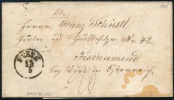 1859 Levél 20kr portóval "PESTH" bélyeg nélkül Fischamend-be küldve, 1859 Cover with 20kr postage due to Fischamend