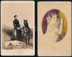 cca 1860 Hölgy lóval és kutyával + hölgy ajtónál (színezett), fénynyomat, 2 db, 10×6 cm