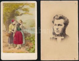 cca 1860 2 db keményhátú fotó (nők kosárral és férfiportré), egyik kézzel színezett, 10×6 cm