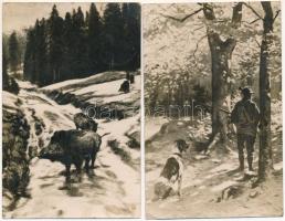 2 db RÉGI vadász művészlap: vadász kutyával, vaddisznók / 2 pre-1945 hunting art postcards: hunter with hunting dog, wild boars